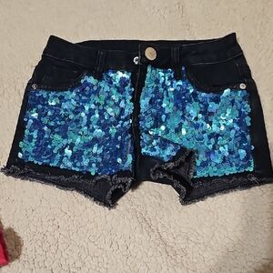 Sequin Accent Black Denim JUSTICE  Girls Shorts - Blue Sequins